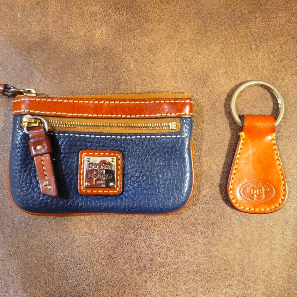Dooney & Bourke Navy and Brown Leather Key Pouch and KeyChain